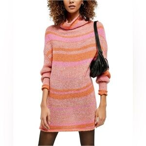 Free People Candy Stripe Wool Alpaca Pink & Orange Cowl Neck Sweater